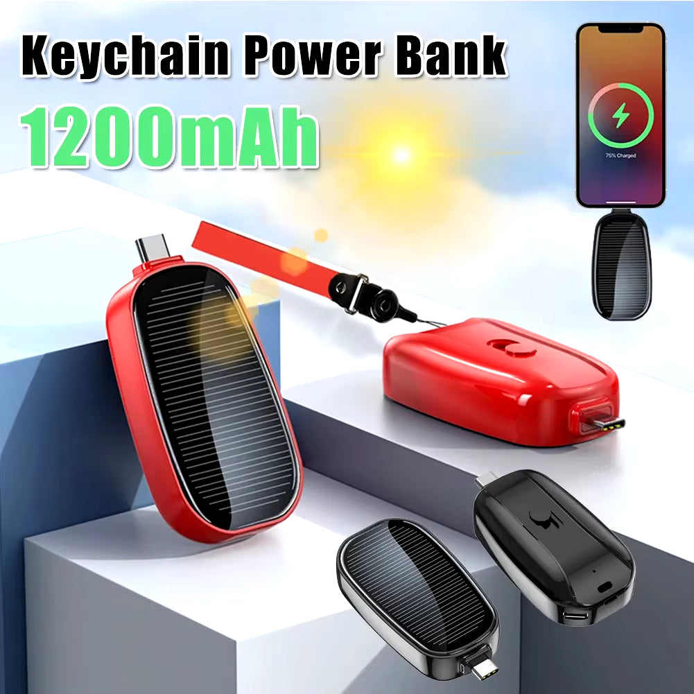 Solar Power Keychain Phone Charger 1200Mah Portable Type-C Wireless Power Bank for Iphone Samsung Huawei Emergency Battery Pack