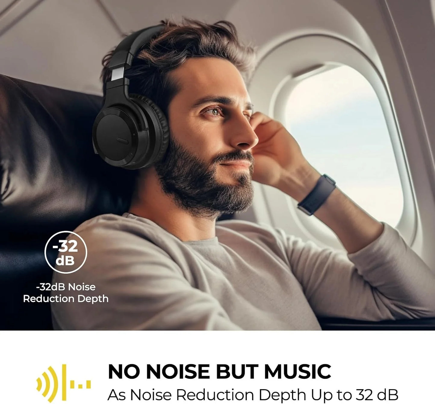 Active Noise Cancelling Headphones Wireless Bluetooth Headphones with Rich Bass, Wireless Headphones with Clear Calls, Black