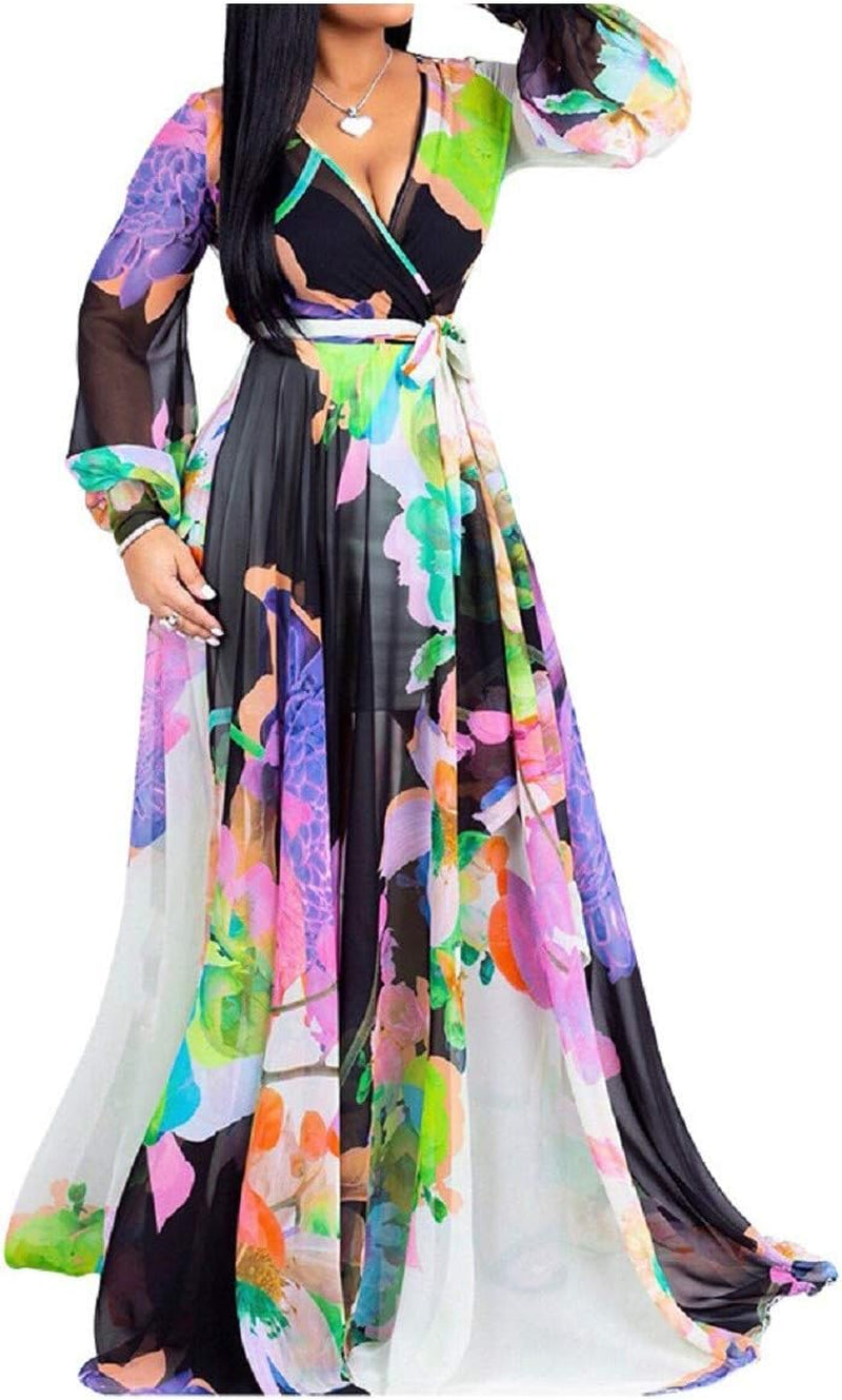 Womens Maxi Dress Boho Chiffon Floral Printed V-Neck Long Dresses