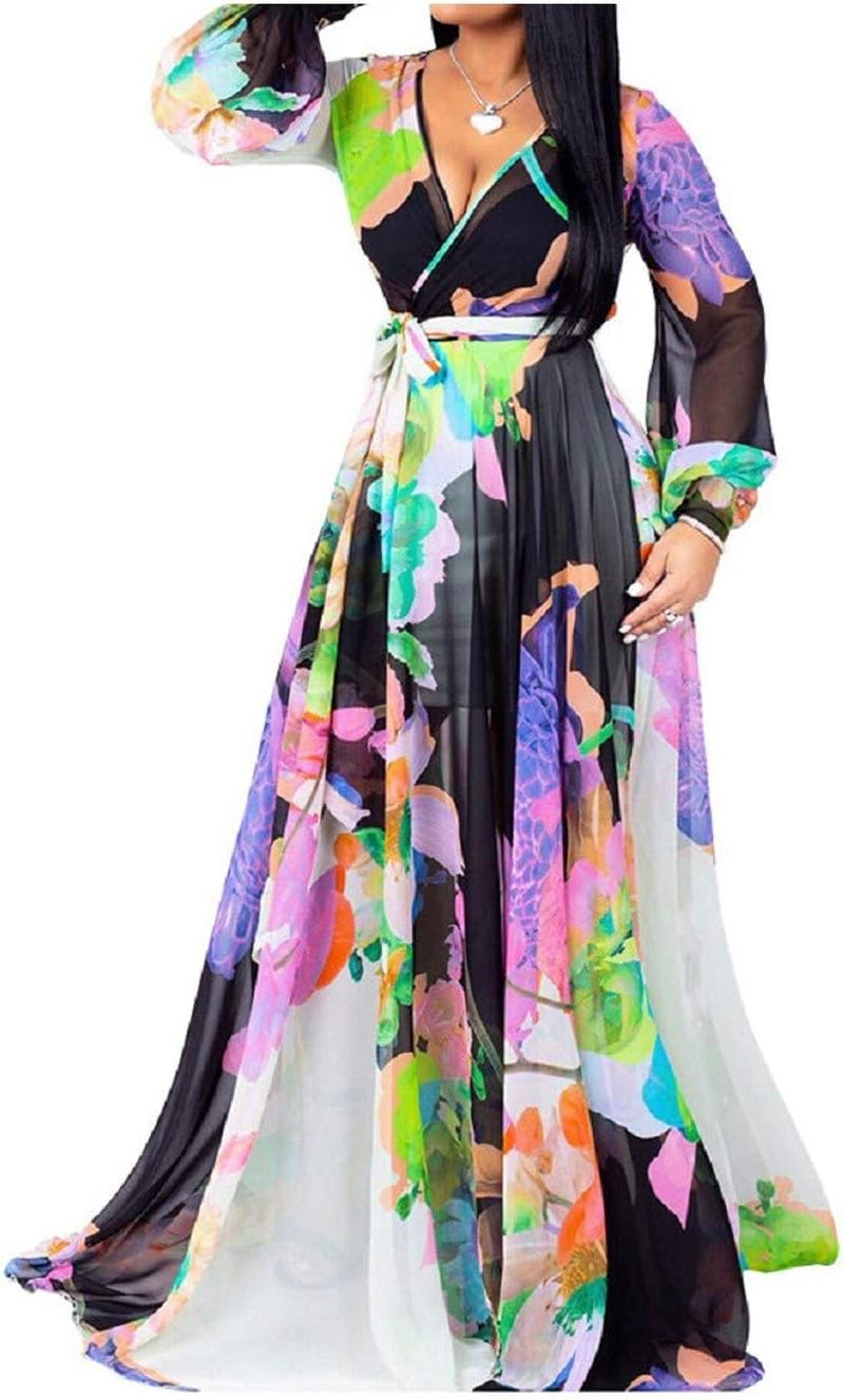 Womens Maxi Dress Boho Chiffon Floral Printed V-Neck Long Dresses