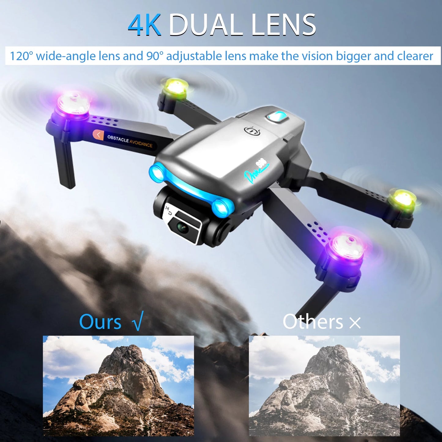 Mini Drones with Camera for Kids Adults 4K HD RC Drone with FPV RC Quadcopter, LED Lights and Optical Flow Sensor, Gray