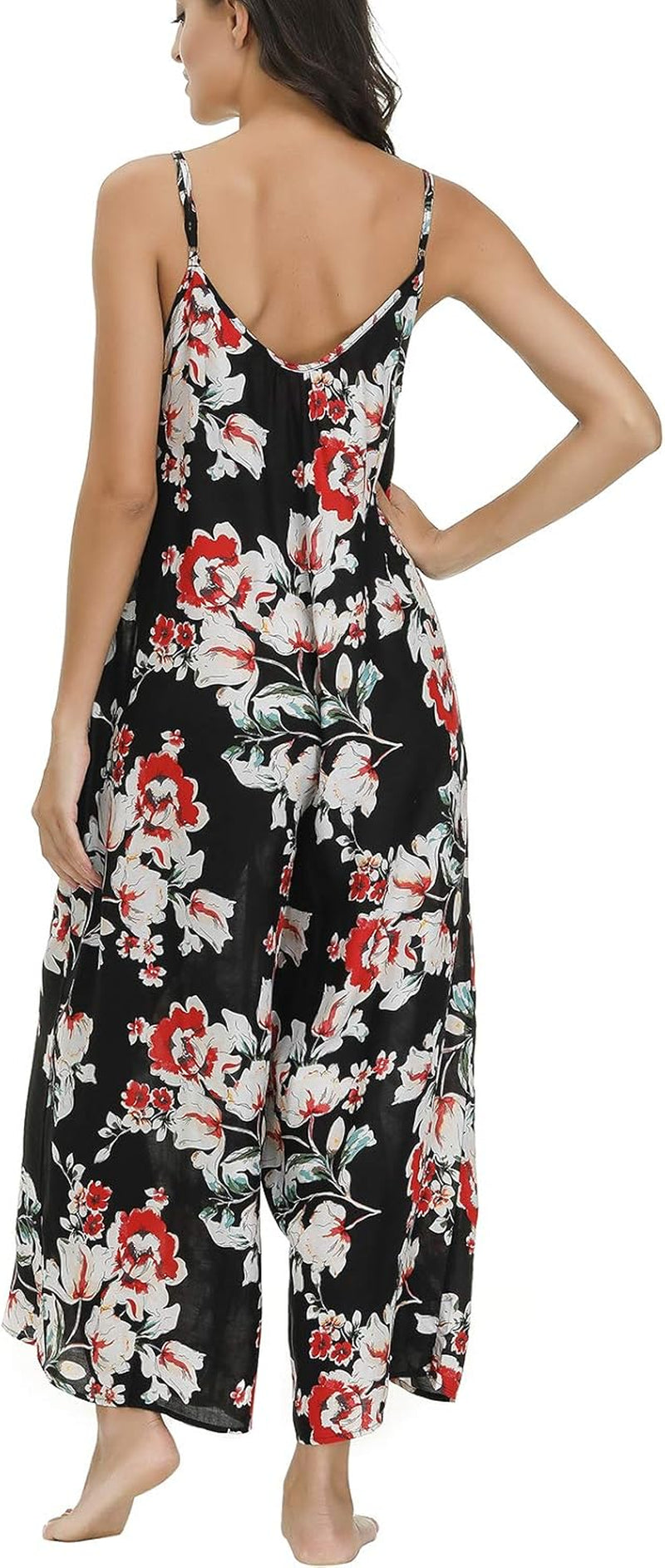 Women'S V Neck Floral Maxi Dress Boho Printed Adjustable Spaghetti Strap Ethnic Beach Long Dress with Pockets