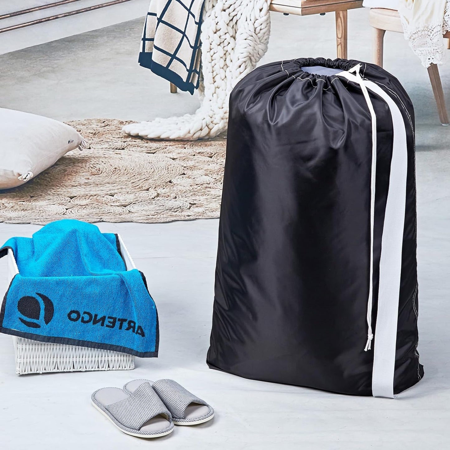 2 Pack XL Nylon Laundry Bag with Strap, Large Dirty Clothes Organizer, Easy Fit a Laundry Hamper or Basket, Can Carry up to 4 Loads of Laundry, Black and Sky Blue