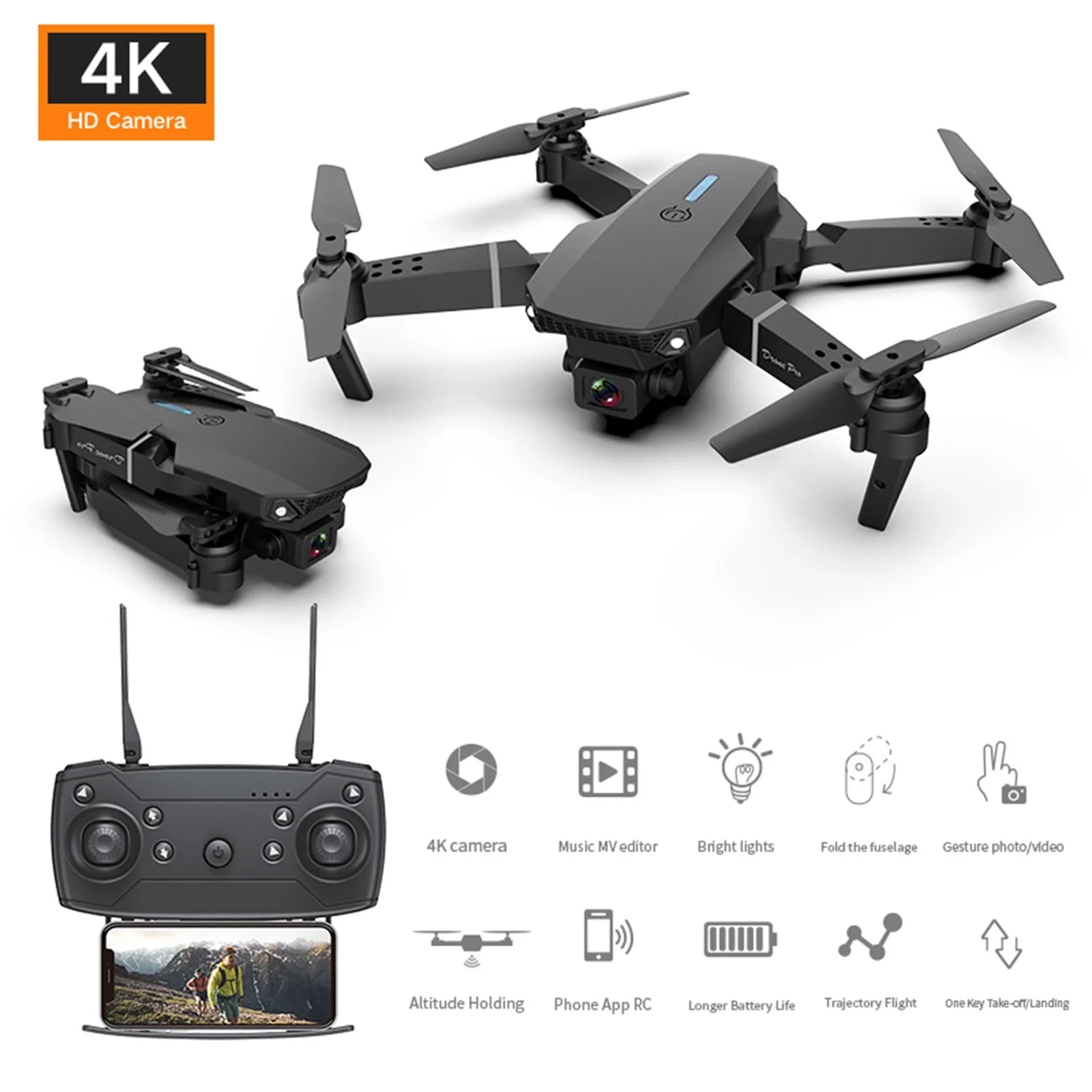 Drones with Camera for Adults Foldable RC Quadcopter E88 Drone with 4K HD Double Camera Mini Drone for Kids Gifts, Wifi FPV Live Video, Altitude Hold, One Key Take Off/Landing, 3D Flip