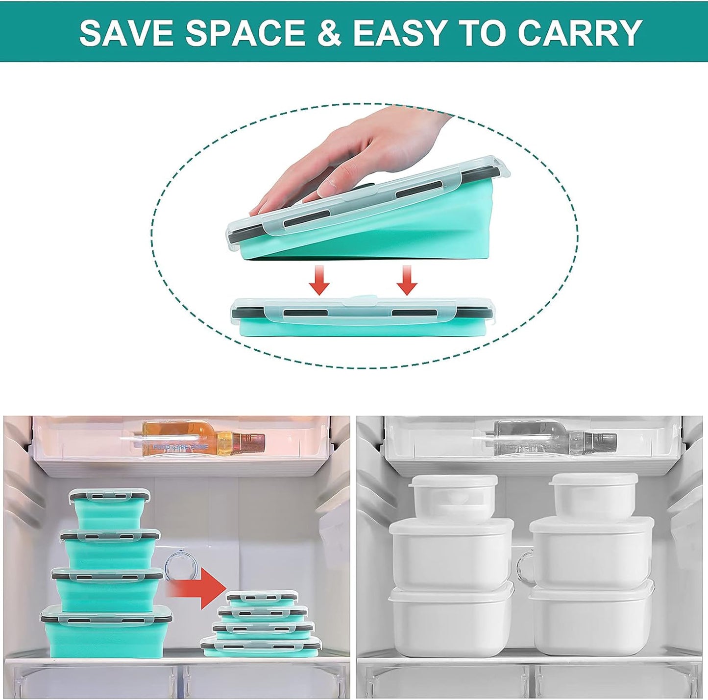 Set of 3 Rectangle Collapsible Silicone Food Storage Containers with Airtight Lids, BPA Free, Microwave, Freezer and Dishwasher Safe, Collapsible Food Containers with Flatware- Space Saving