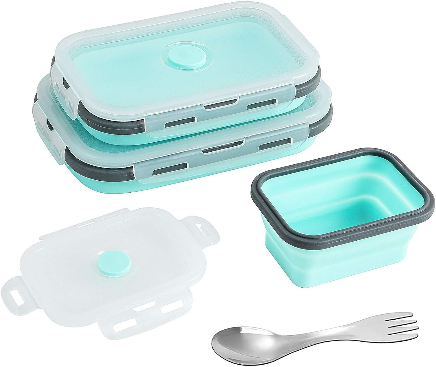 Set of 3 Rectangle Collapsible Silicone Food Storage Containers with Airtight Lids, BPA Free, Microwave, Freezer and Dishwasher Safe, Collapsible Food Containers with Flatware- Space Saving