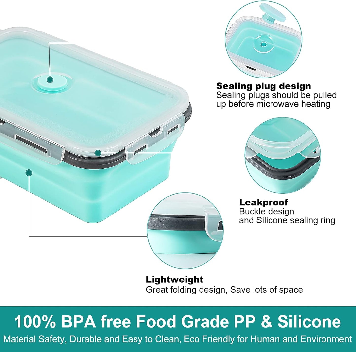 Set of 3 Rectangle Collapsible Silicone Food Storage Containers with Airtight Lids, BPA Free, Microwave, Freezer and Dishwasher Safe, Collapsible Food Containers with Flatware- Space Saving