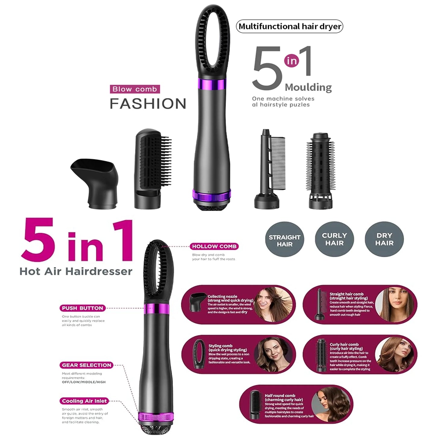 Hair Dryer Brush, Hair Curling Iron Brush with Ionic Hair Straightener Comb Curly Dryer Brush, Dry锛孒Ot Air Brush