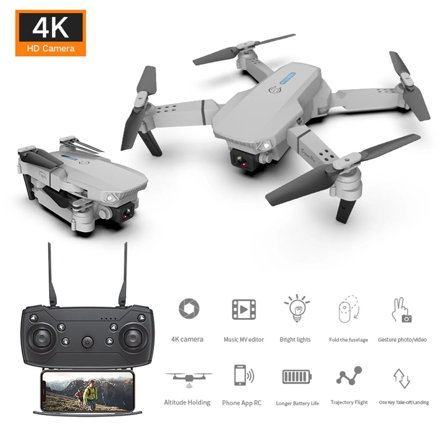 Drones with Camera for Adults Foldable RC Quadcopter E88 Drone with 4K HD Double Camera Mini Drone for Kids Gifts, Wifi FPV Live Video, Altitude Hold, One Key Take Off/Landing, 3D Flip