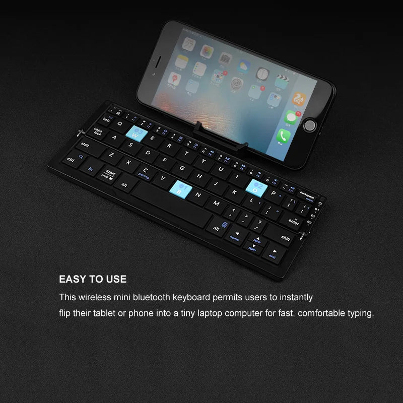 Black Pocket Foldable Mobile Phone Keyboard with Stand Holder Rechargeable Folding Keyboard for Phones Ipad