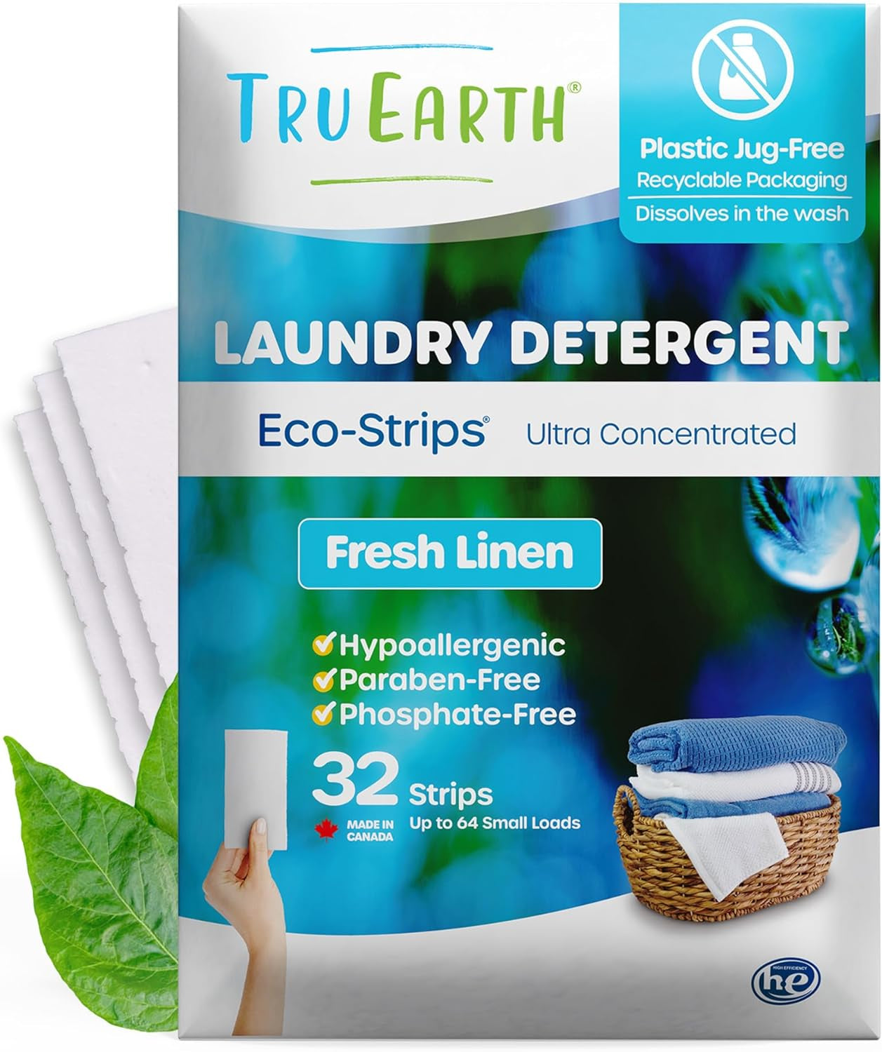 Compact Dry Laundry Detergent Sheets (Made in Canada) - up to 64 Loads (32 Sheets) - Paraben-Free - Original Eco-Strip Liquidless Laundry Detergent, Travel Laundry Sheets - Fresh Linen