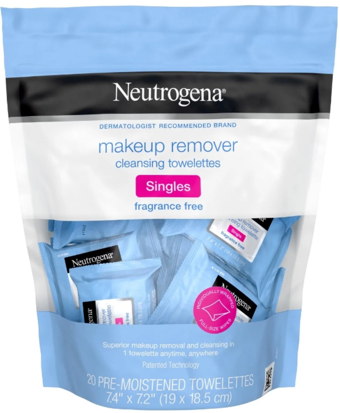 Fragrance-Free Makeup Remover Cleansing Towelette Singles, Individually-Wrapped Daily Face Wipes 20 Ct (Pack of 4)