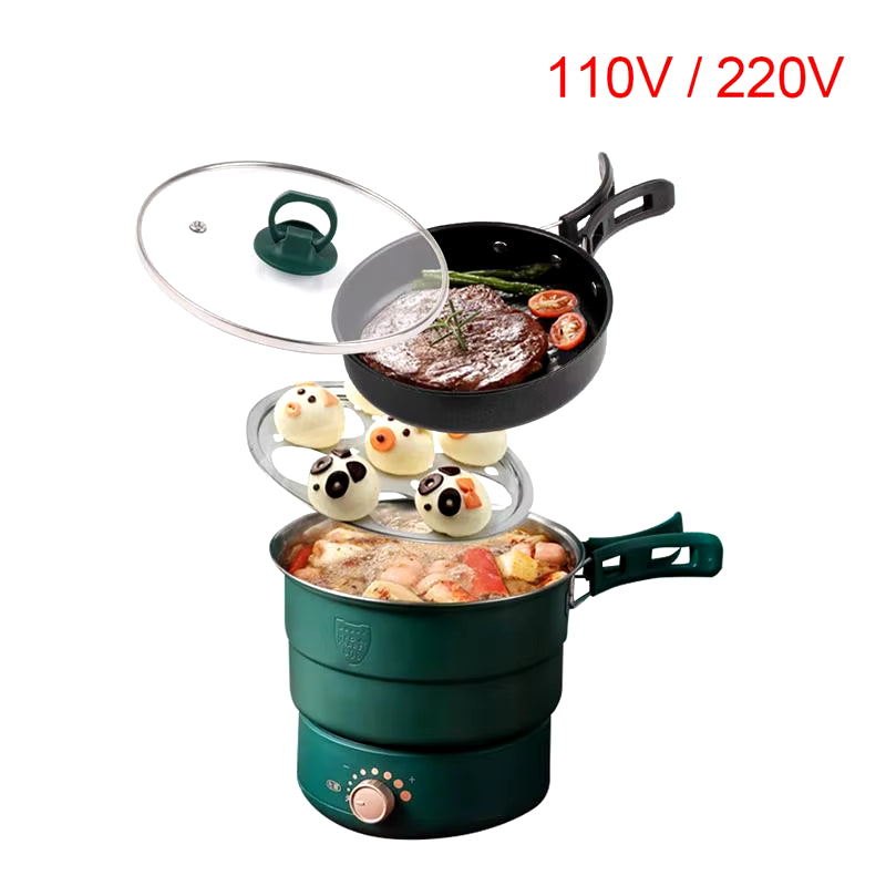 110V/220V Electric Split Cooking Pot Foldable Multicooker Frying Pan Hotpot Steamer Rice Cooker Soup Maker Water Boiler Travel