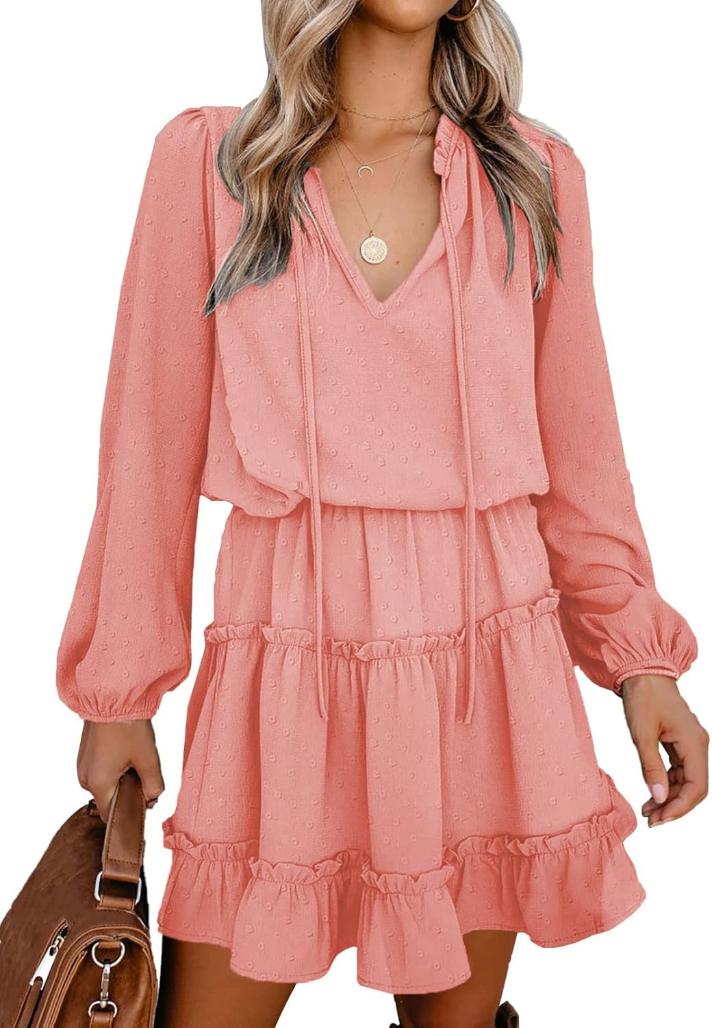 Women Casual Summer Fall Dresses Tie V Neck Long Sleeve High Waist Ruffle Tiered a Line Swing Tunic Mini Dress