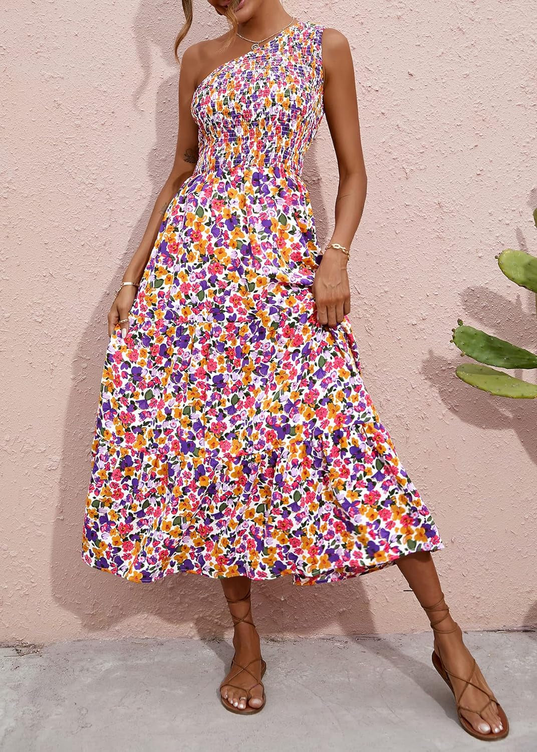 Women One Shoulder Summer Dresses 2024 Sleeveless Casual High Waist Floral Flowy Beach Boho Smocked Maxi Dress