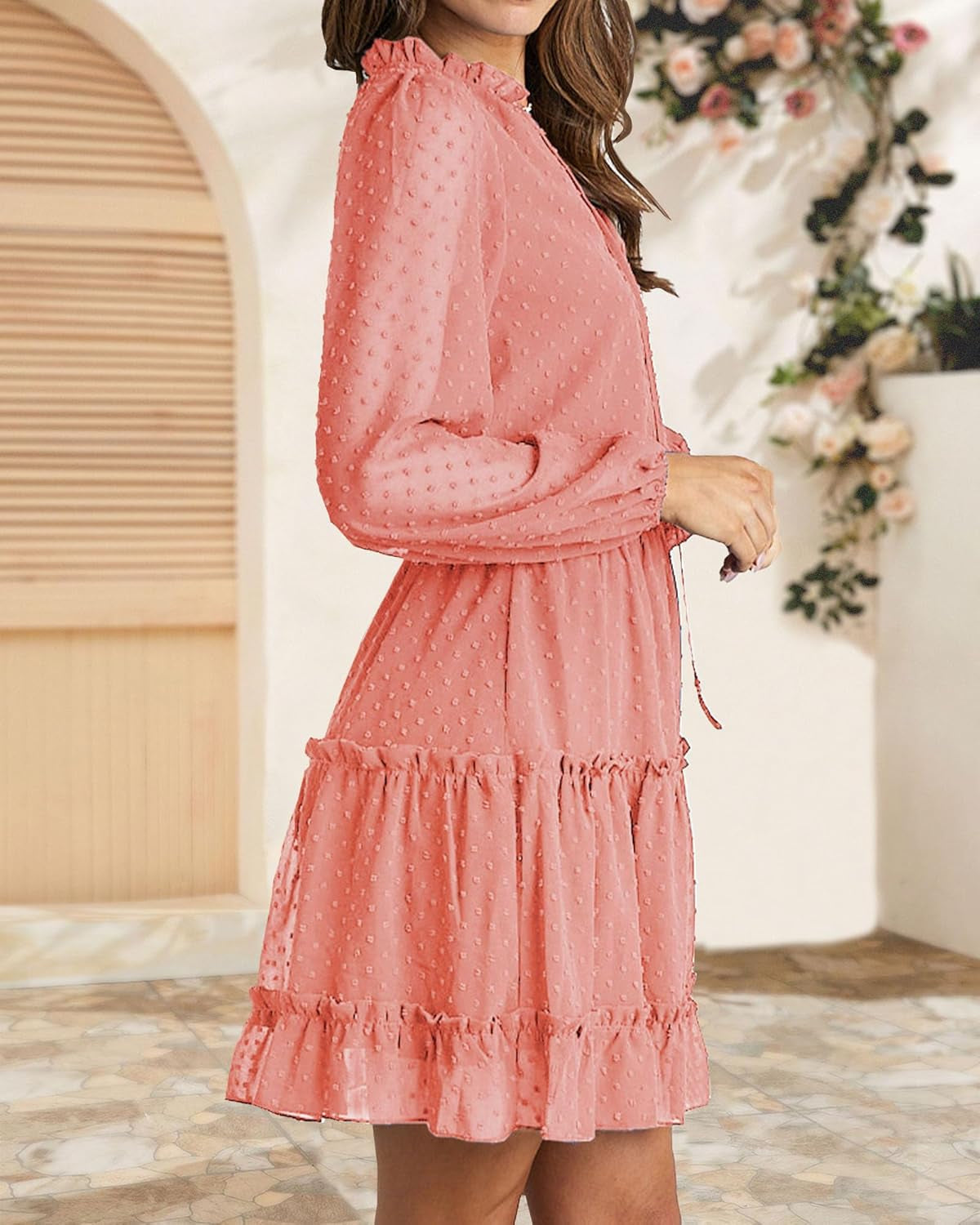 Women Casual Summer Fall Dresses Tie V Neck Long Sleeve High Waist Ruffle Tiered a Line Swing Tunic Mini Dress