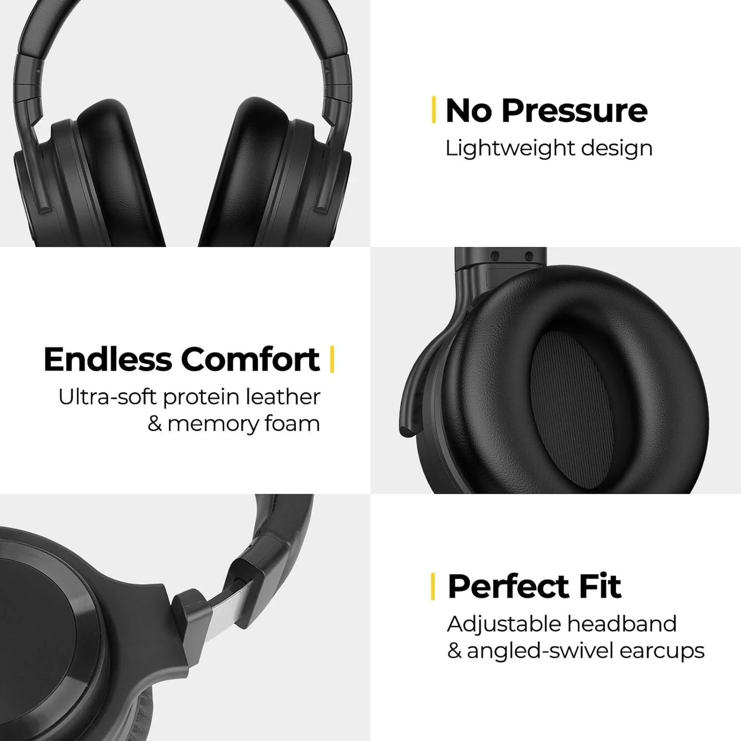 Active Noise Cancelling Headphones Wireless Bluetooth Headphones with Rich Bass, Wireless Headphones with Clear Calls, Black