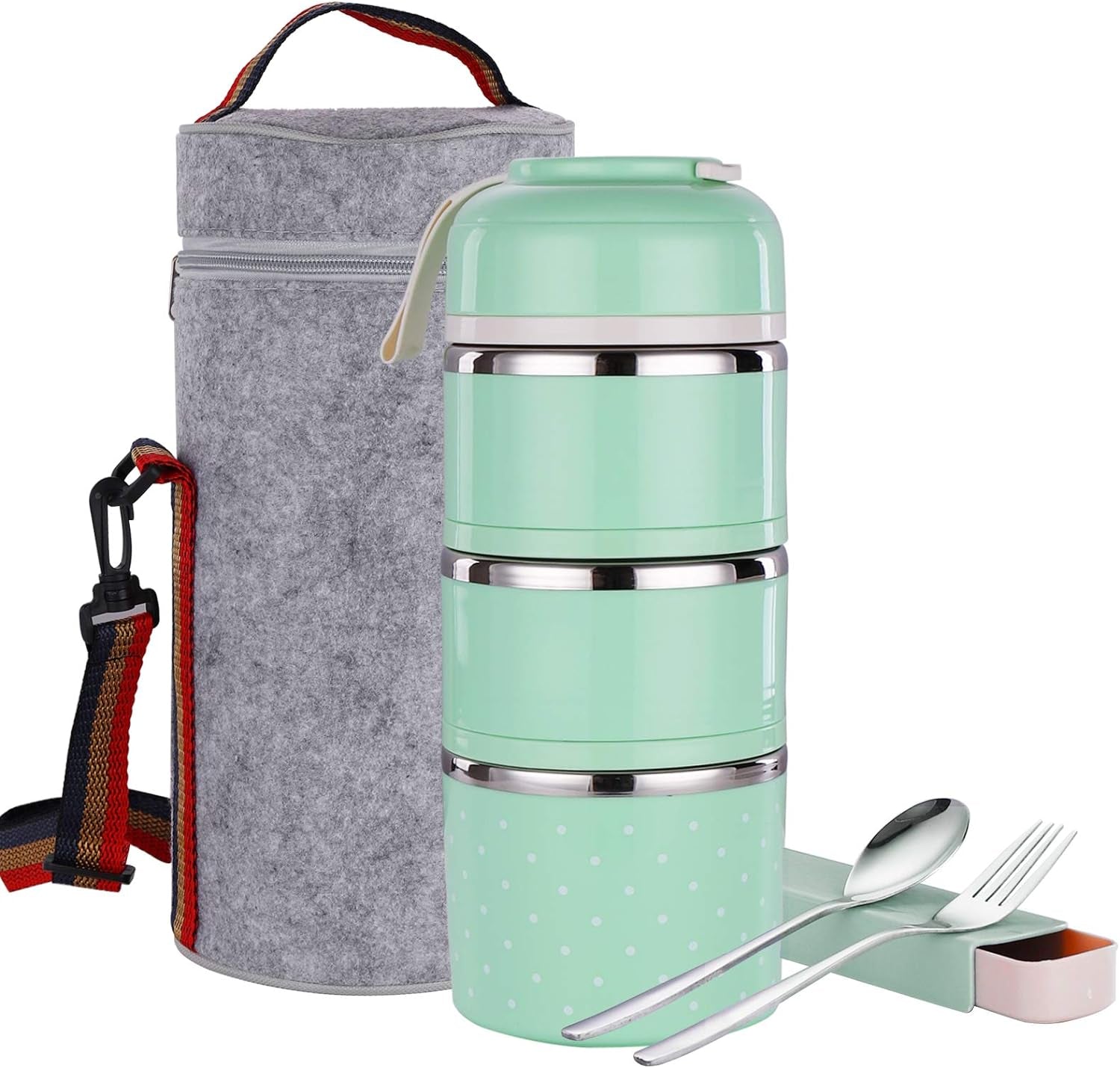 Stackable Bento Lunch Box 57-Oz, Stainless Steel, 3-Layer, Green, Portable, Leakproof, Extra Capacity, Container Set with Lunch Bag, Spoon, and Fork