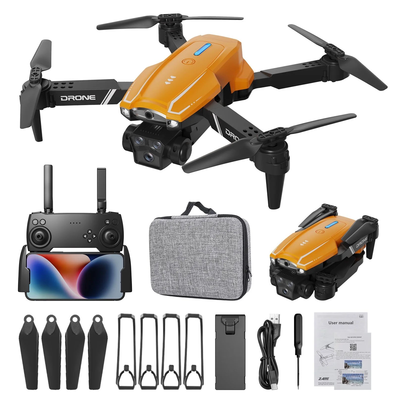 Drone with Camera Fpv Drone with 1080P Camera 2.4G Wifi Fpv Rc Quadcopter with Headless Mode Follow Me Altitude Hold Toys Gifts for Kids Adults Orange