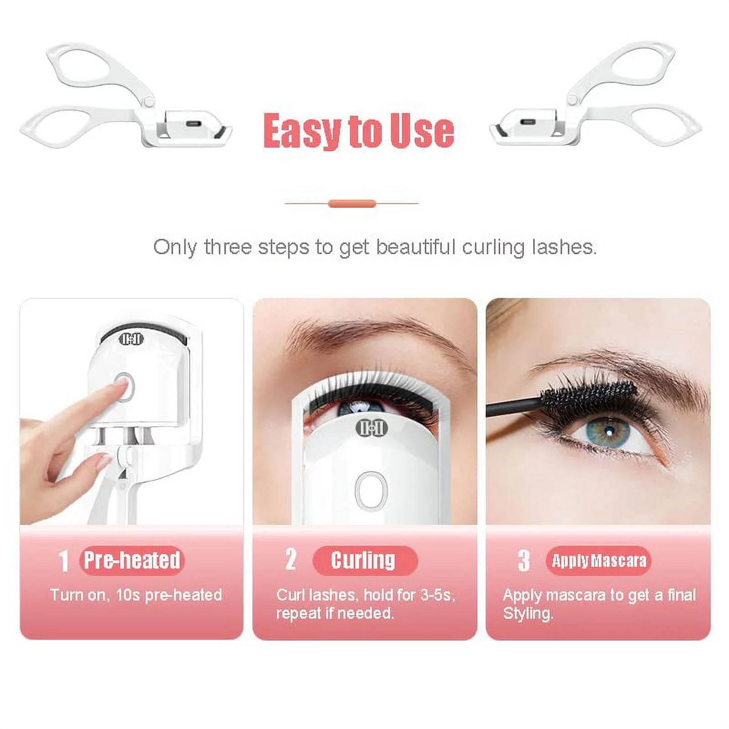 Heated Eyelash Curler – Rechargeable Electric Eyelash Curler – Long-Lasting Heated Lash Curler for Natural Lashes – Handheld Eyelash Heated Curler with Quick Pre-Heat