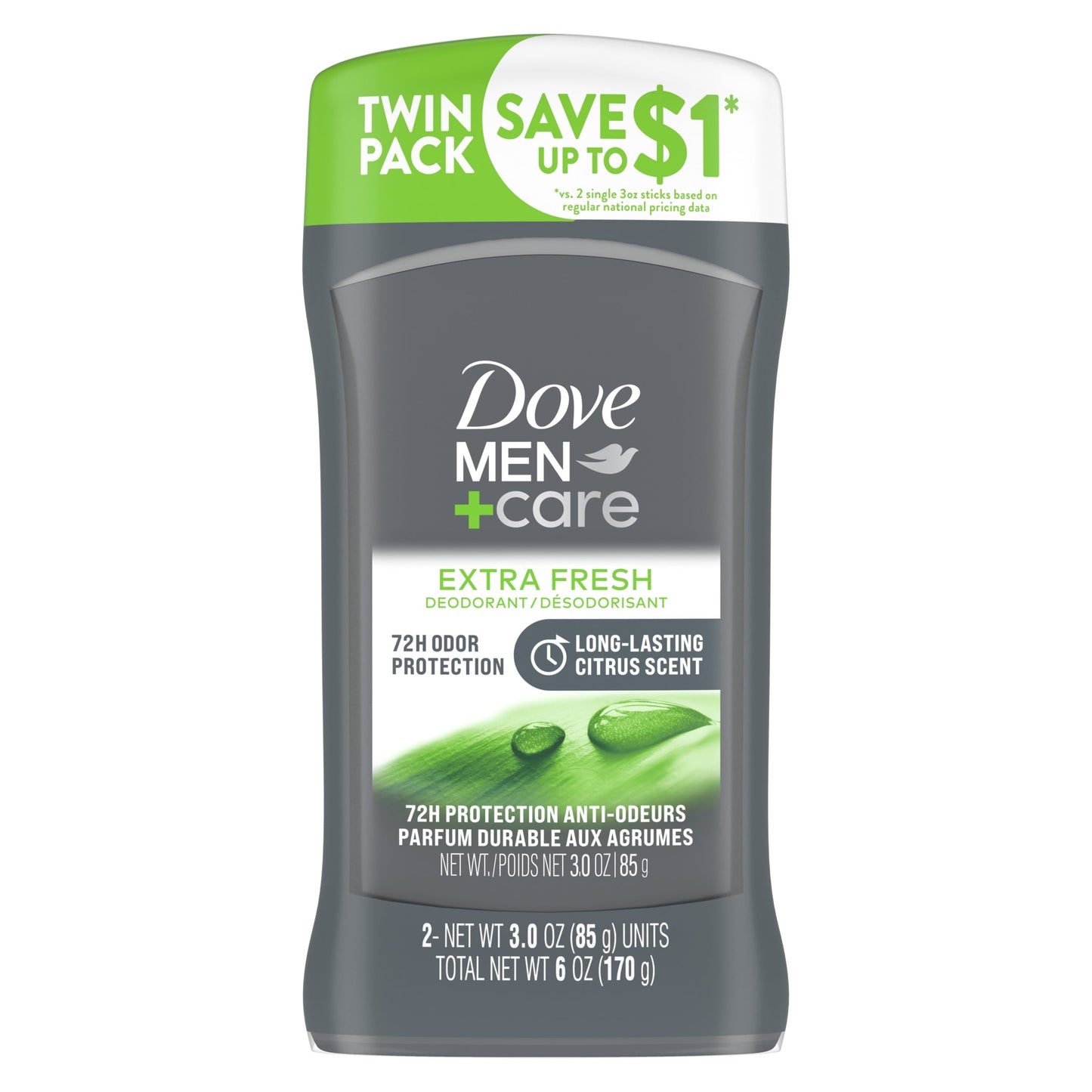 Extra Fresh Deodorant Stick Twin Pack for Men, Citrus, 3 Oz