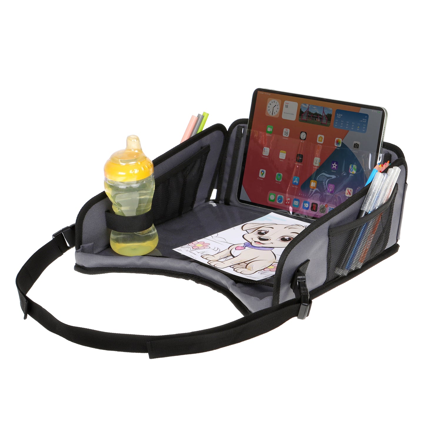 Ezy-Tote Travel Tray Organizer with Tablet Holder - Toddler and Big Kids Travel Essential for Cars, Airplanes, Strollers