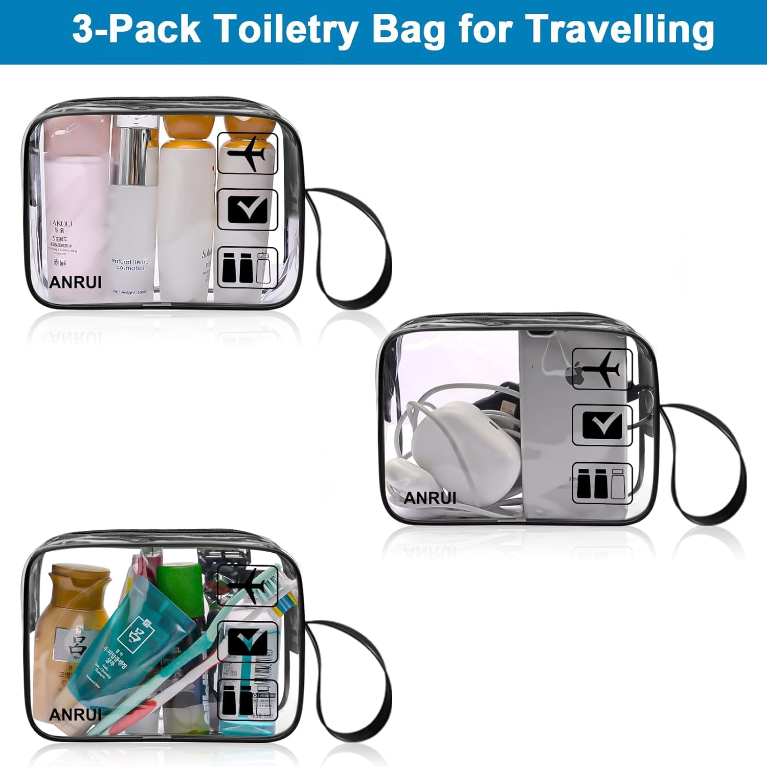 TSA Approved Toiletry Bag, 3-PACK Same Size Clear Toiletry Bag with Handle