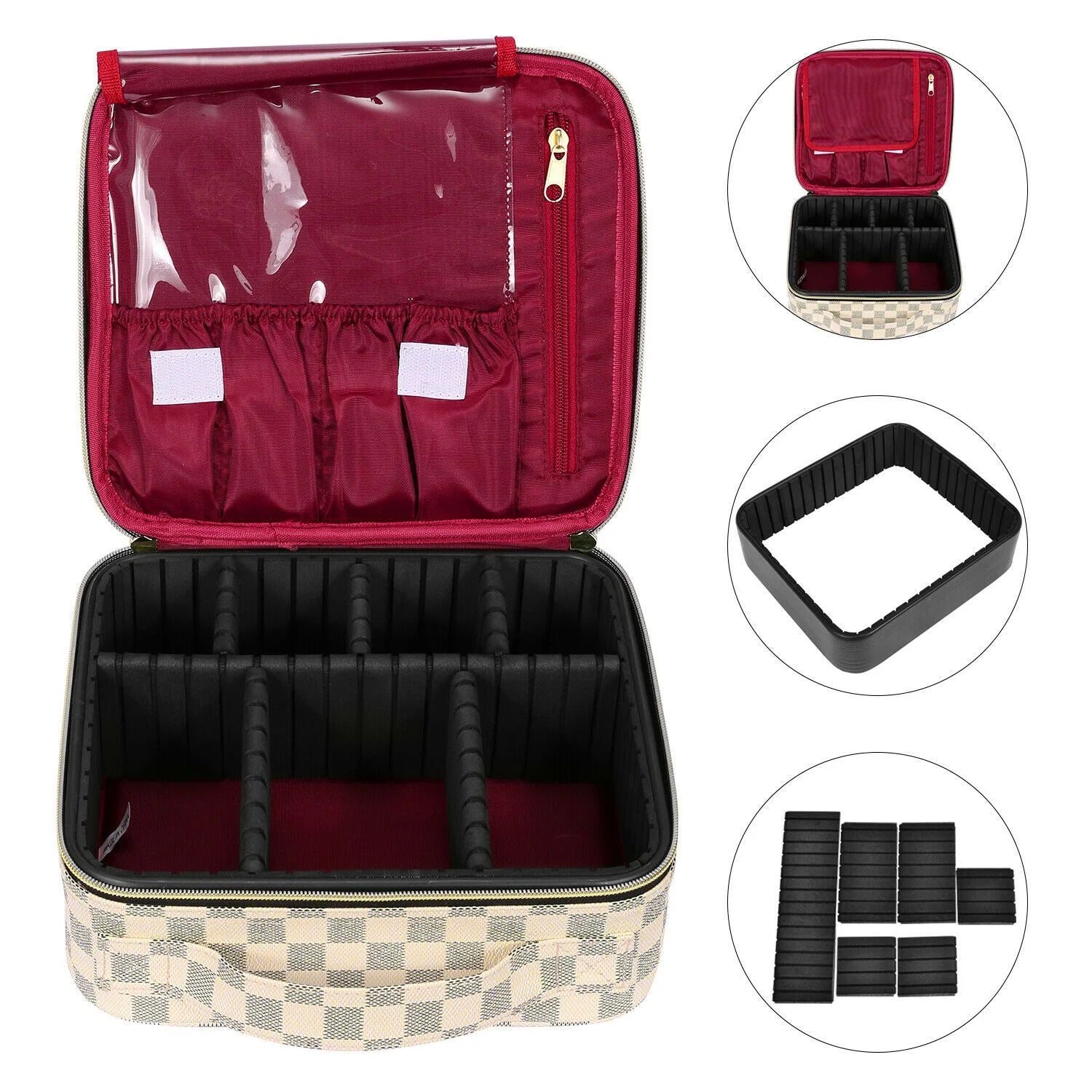 Checkered Makeup Organizer Cosmetic Bags Woman Portable Toiletry Travel Bag with Adjustable Partition for Tools , Jewelry ,Beige