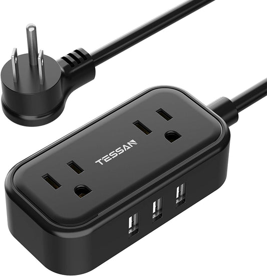 Small Flat Plug Power Strip, TESSAN 5 Ft Portable Extension Cord with 2 Widely Spaced Outlets and 3 USB Ports, Compact Size Desktop USB Charging Station for Home Office, and Dorm Room