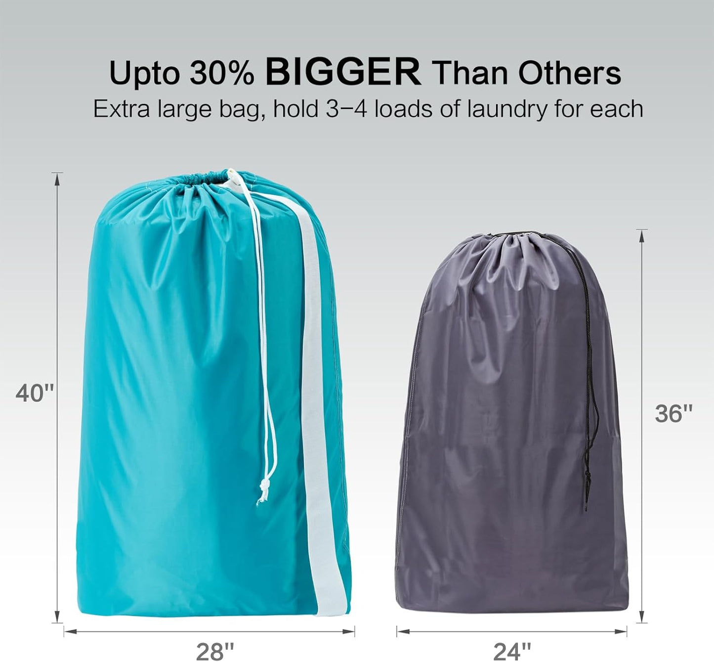 2 Pack XL Nylon Laundry Bag with Strap, Large Dirty Clothes Organizer, Easy Fit a Laundry Hamper or Basket, Can Carry up to 4 Loads of Laundry, Black and Sky Blue