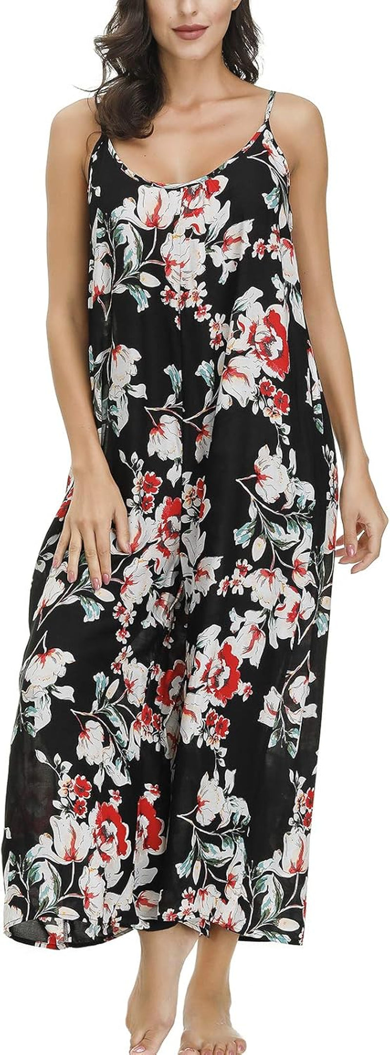 Women'S V Neck Floral Maxi Dress Boho Printed Adjustable Spaghetti Strap Ethnic Beach Long Dress with Pockets