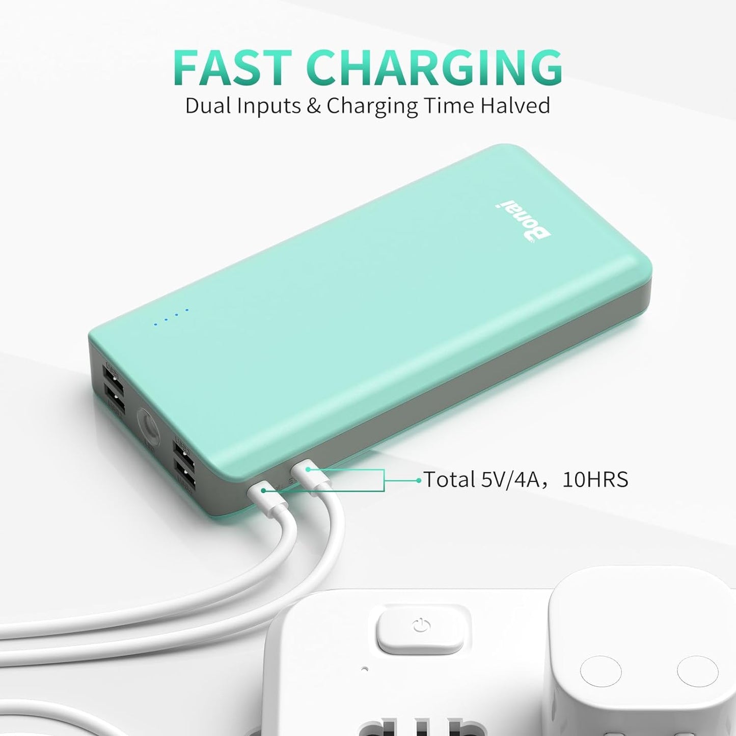 Portable Charger, 30000Mah Capacity External Battery Pack with Flashlight & 4-USB Outputs & Dual Inputs & 2 8-Pin Cables, Power Bank Fast Charging for Iphone Samsung Android Phone Ipad Etc-Green