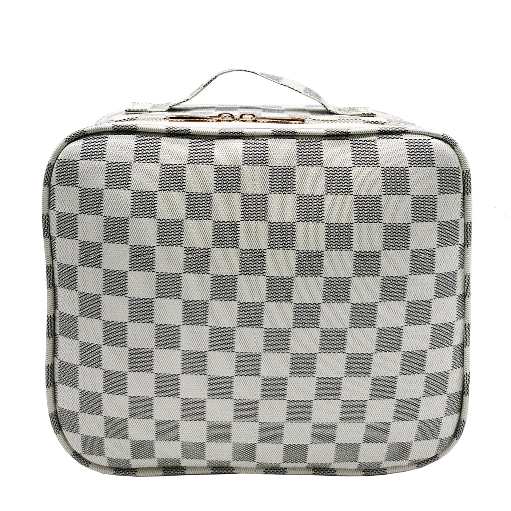 Checkered Makeup Organizer Cosmetic Bags Woman Portable Toiletry Travel Bag with Adjustable Partition for Tools , Jewelry ,Beige