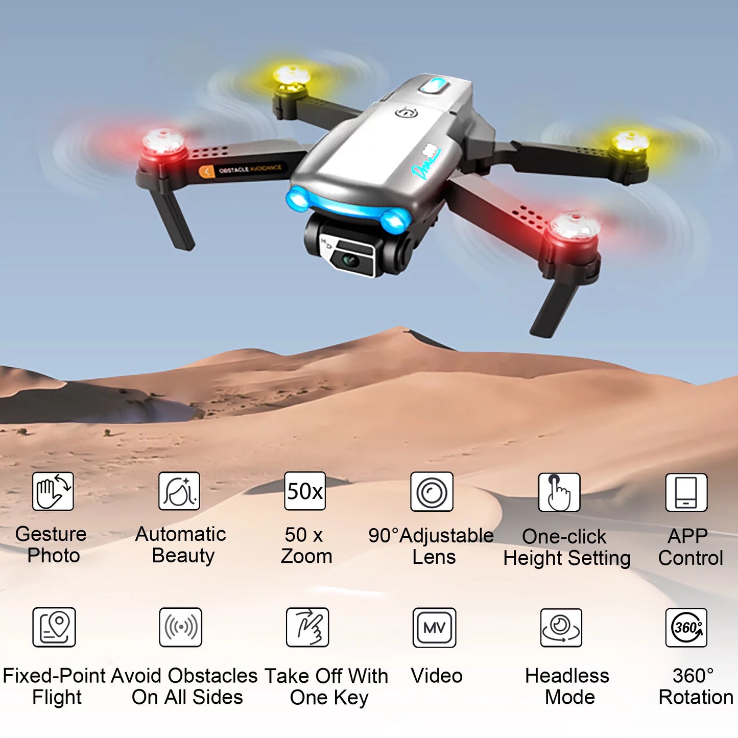 Mini Drones with Camera for Kids Adults 4K HD RC Drone with FPV RC Quadcopter, LED Lights and Optical Flow Sensor, Gray