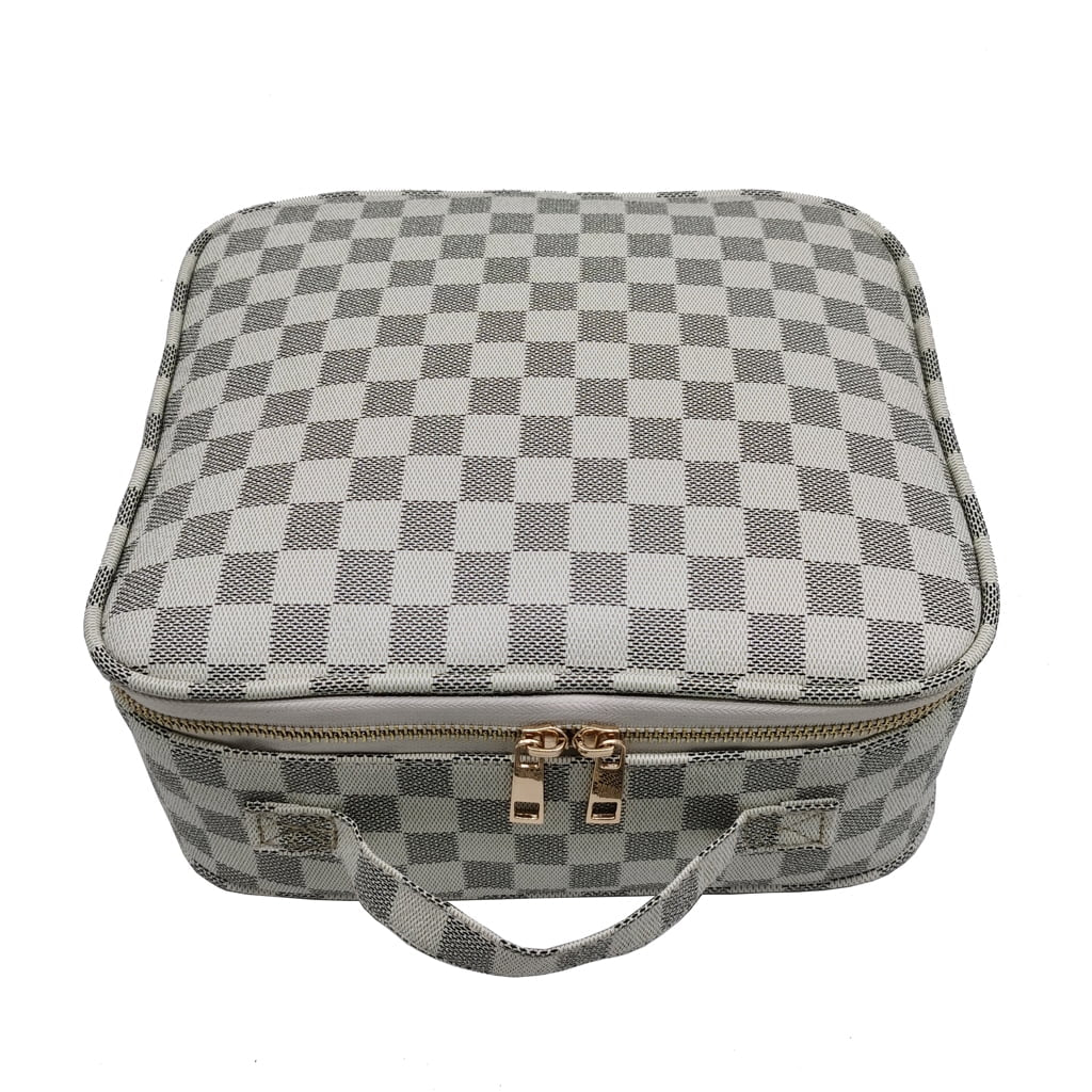 Checkered Makeup Organizer Cosmetic Bags Woman Portable Toiletry Travel Bag with Adjustable Partition for Tools , Jewelry ,Beige