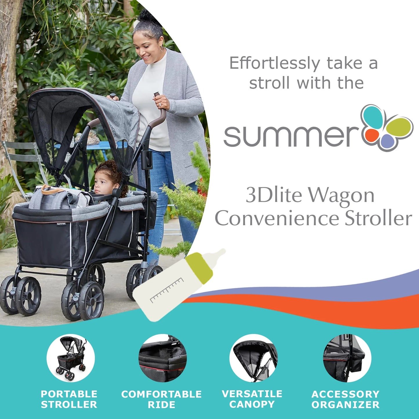 Summer 3Dlite Wagon Convenience Stroller – Lightweight Stroller Wagon for Infants and Toddlers, Black and Gray Tweed