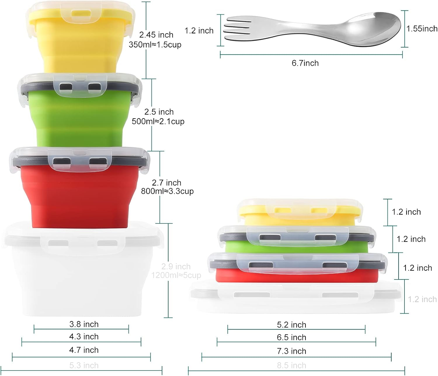 Set of 3 Rectangle Collapsible Silicone Food Storage Containers with Airtight Lids, BPA Free, Microwave, Freezer and Dishwasher Safe, Collapsible Food Containers with Flatware- Space Saving