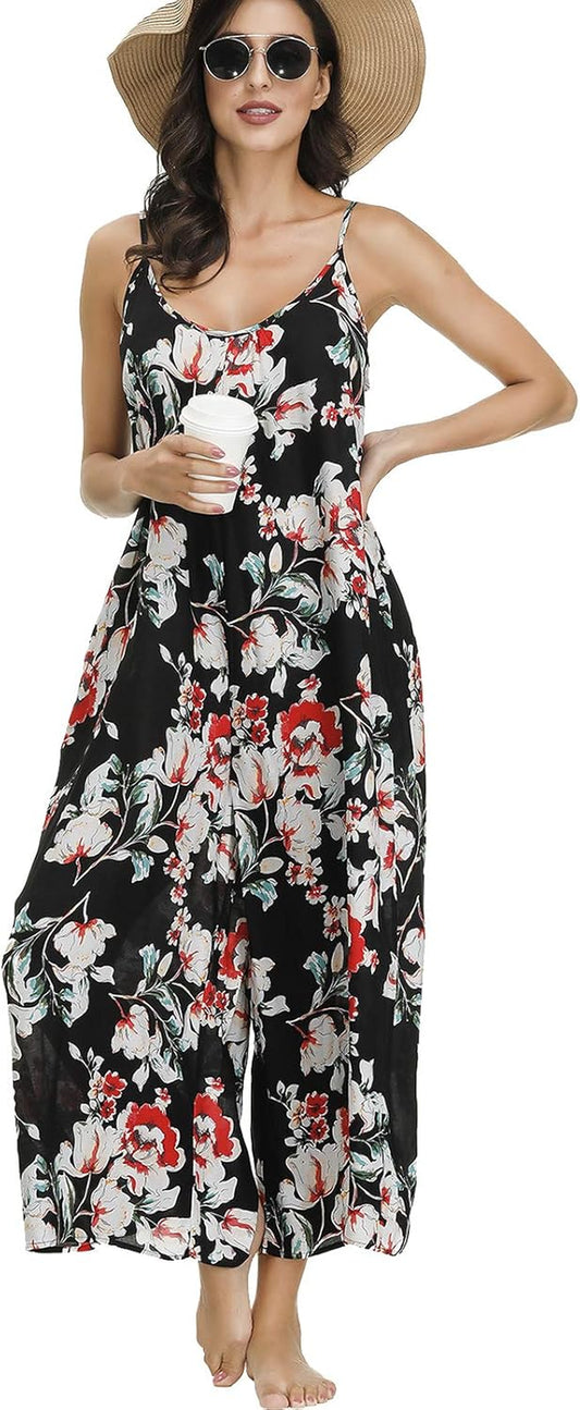 Women'S V Neck Floral Maxi Dress Boho Printed Adjustable Spaghetti Strap Ethnic Beach Long Dress with Pockets