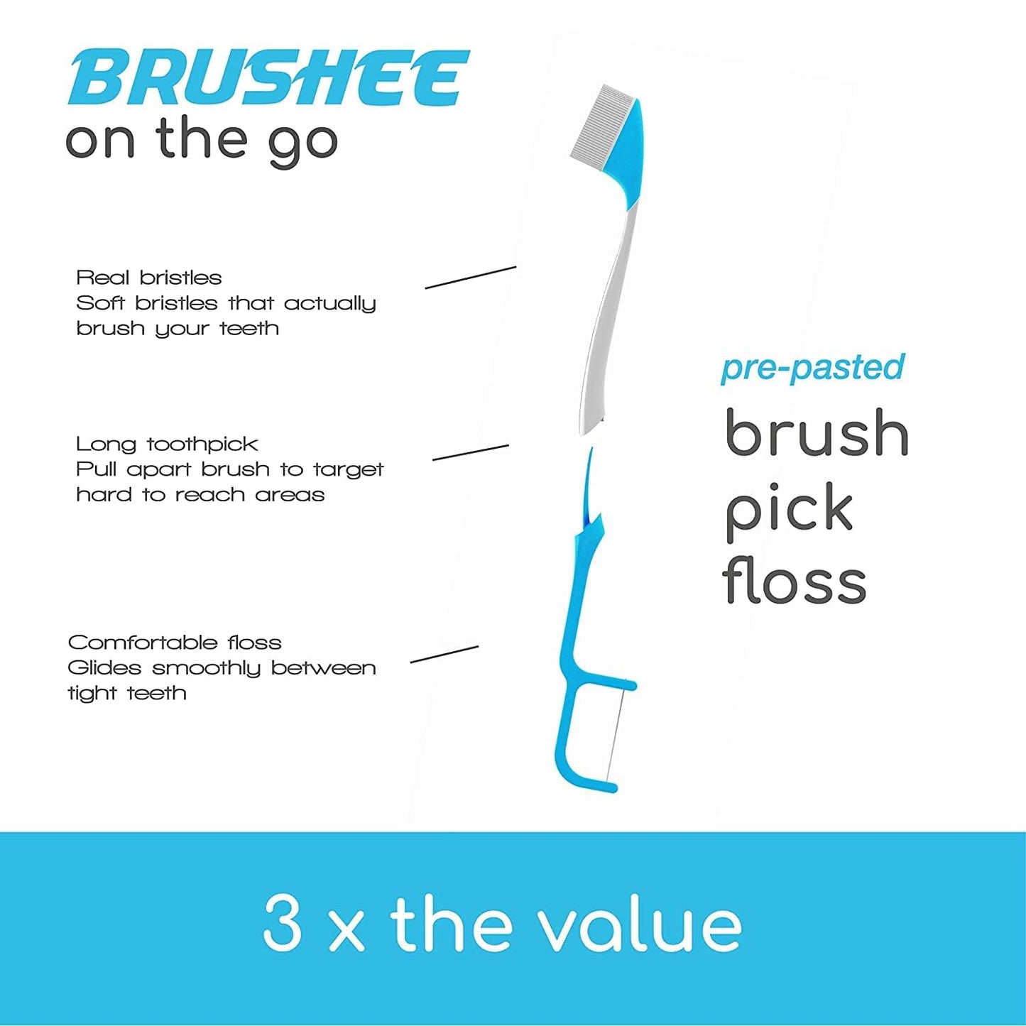 The Evolution of Oral Care | 3-In-1 Tool (Pre-Pasted Mini-Brush + Floss + Pick) | Individually Wrapped | Disposable | Prepasted Travel Toothbrushes | Small Adult Toothbrush - (24-Pack)